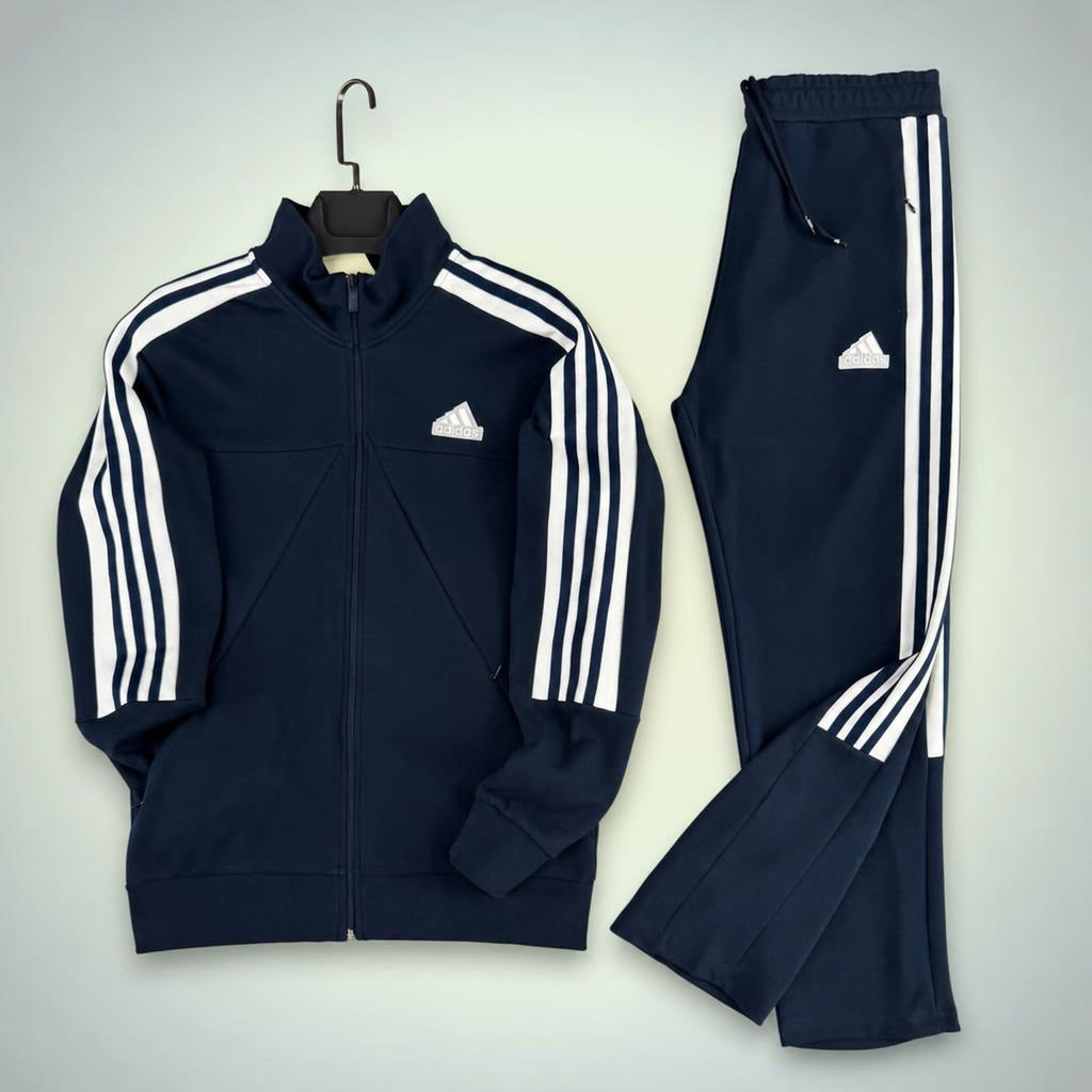 Adidas trening sportiv bărbătesc cu trei dungi albe, albastru închis. Calitate Premium