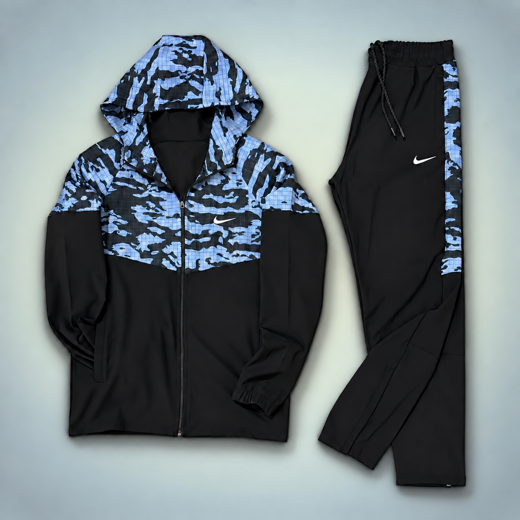 Nike trening bărbați impermeabil, model camuflaj, negru - albastru. Calitate Premium
