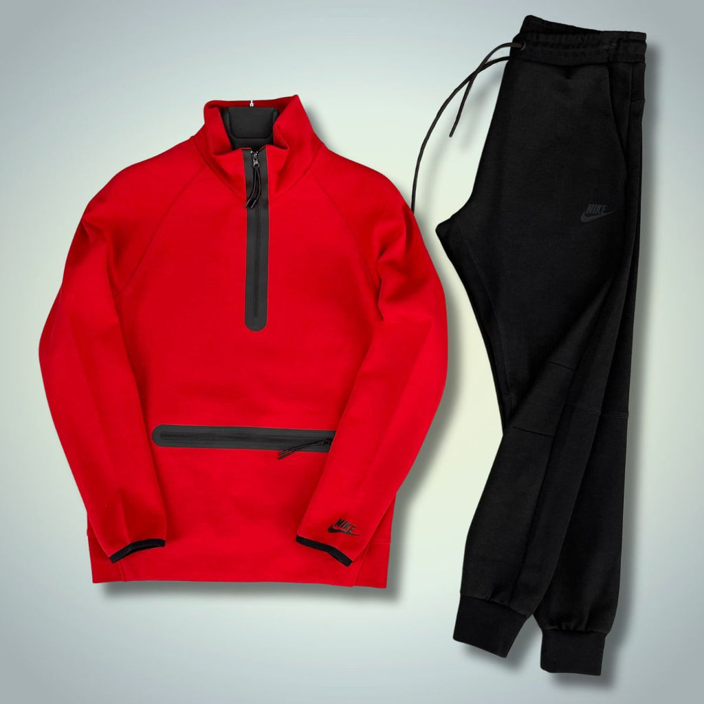 Trening Nike Tech Fleece pentru bărbați cu buzunar frontal mare, roșu - negru. Model 2024. Calitate premium