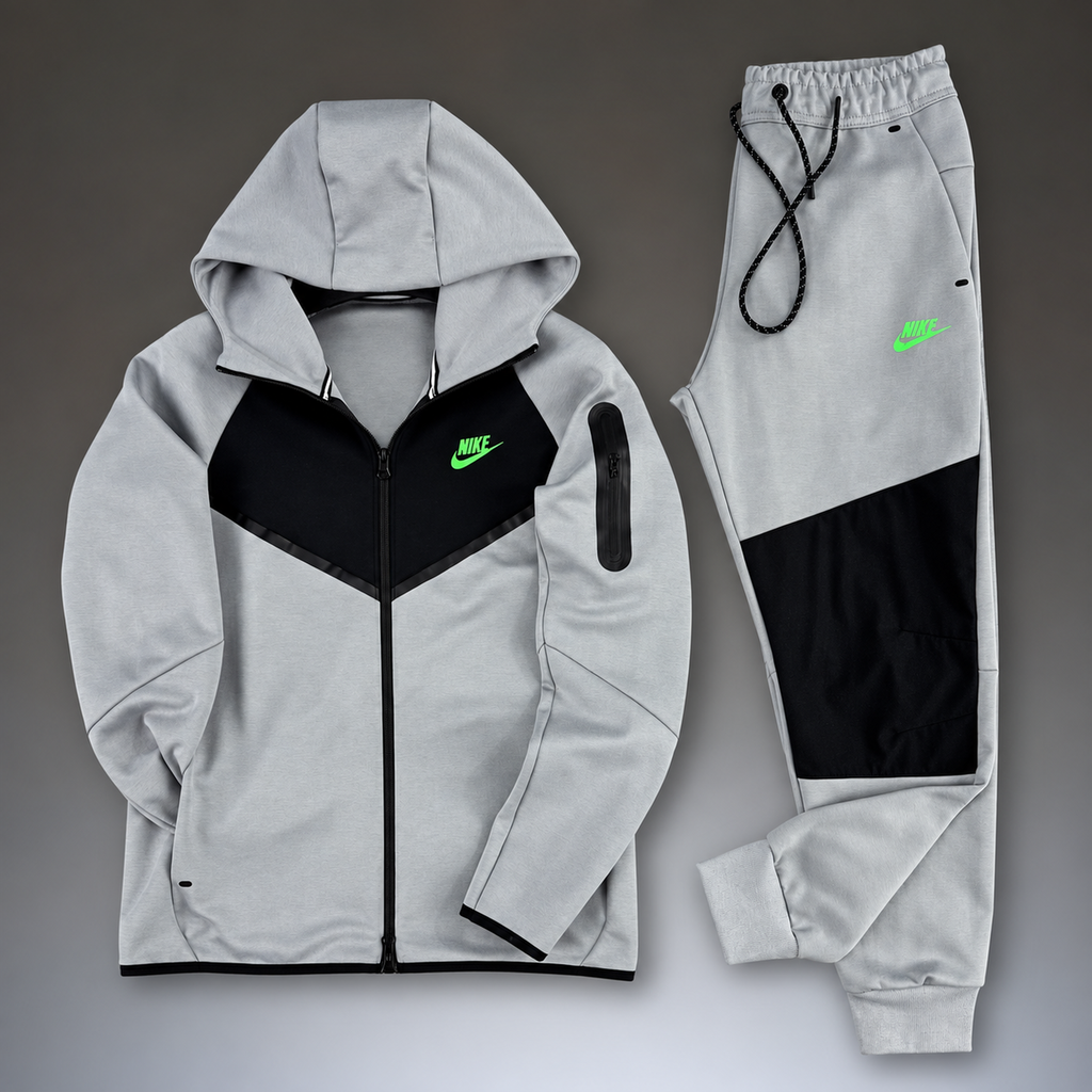 Nike Tech Fleece trening sportiv bărbătesc, gri - negru, logo verde. Model 2024. Calitate premium