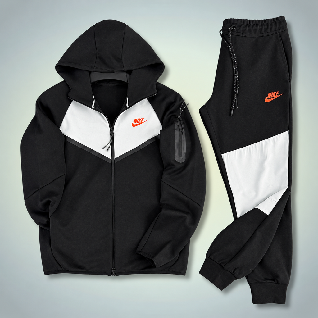 Nike Tech Fleece trening sportiv bărbătesc, negru - alb, logo portocaliu. Model 2024. Calitate premium
