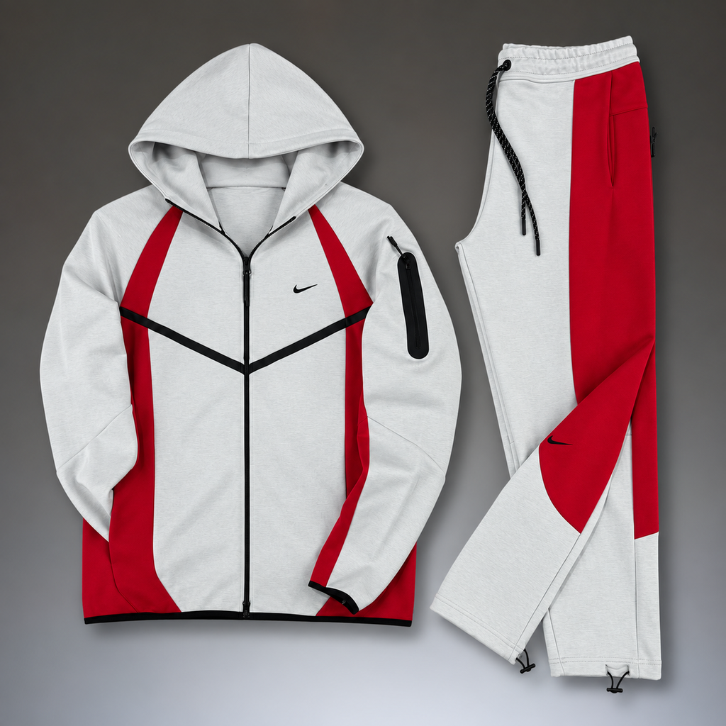 Nike Tech Fleece trening sportiv bărbătesc, gri deschis - roșu. Model 2026. Calitate premium