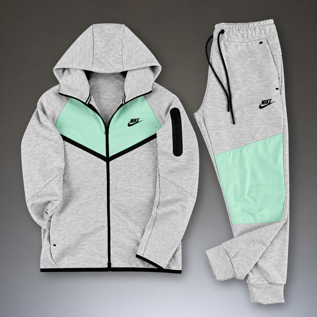 Nike Tech Fleece trening sportiv bărbătesc, gri clasic - mentă. Model 2024. Calitate premium