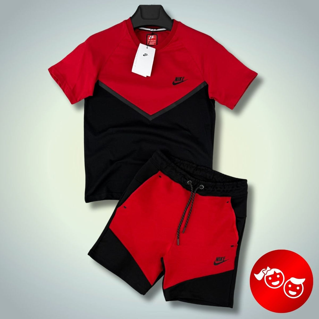 Set cu pantaloni scurți pentru copii Nike Tech Fleece, roșu - negru. Calitate premium