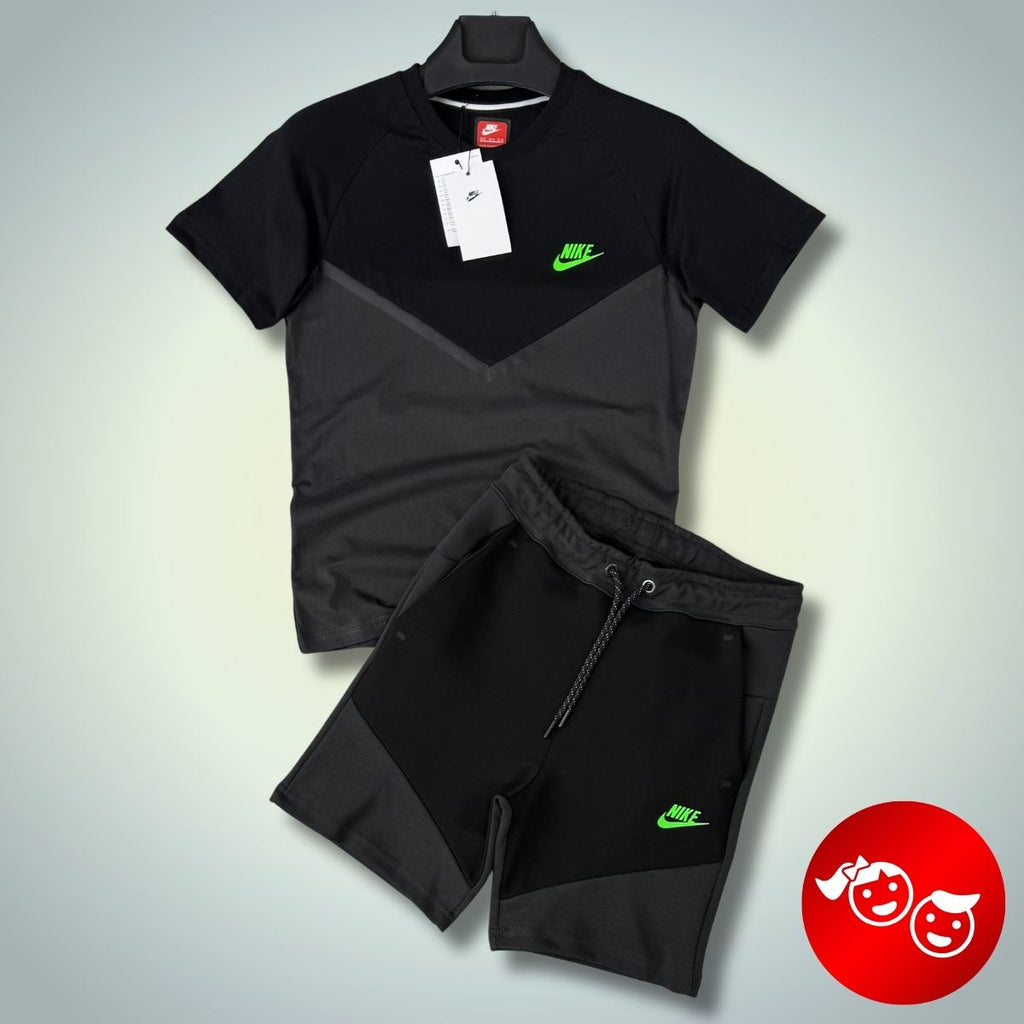 Set cu pantaloni scurți pentru copii Nike Tech Fleece, grafit - negru, logo neon. Calitate premium