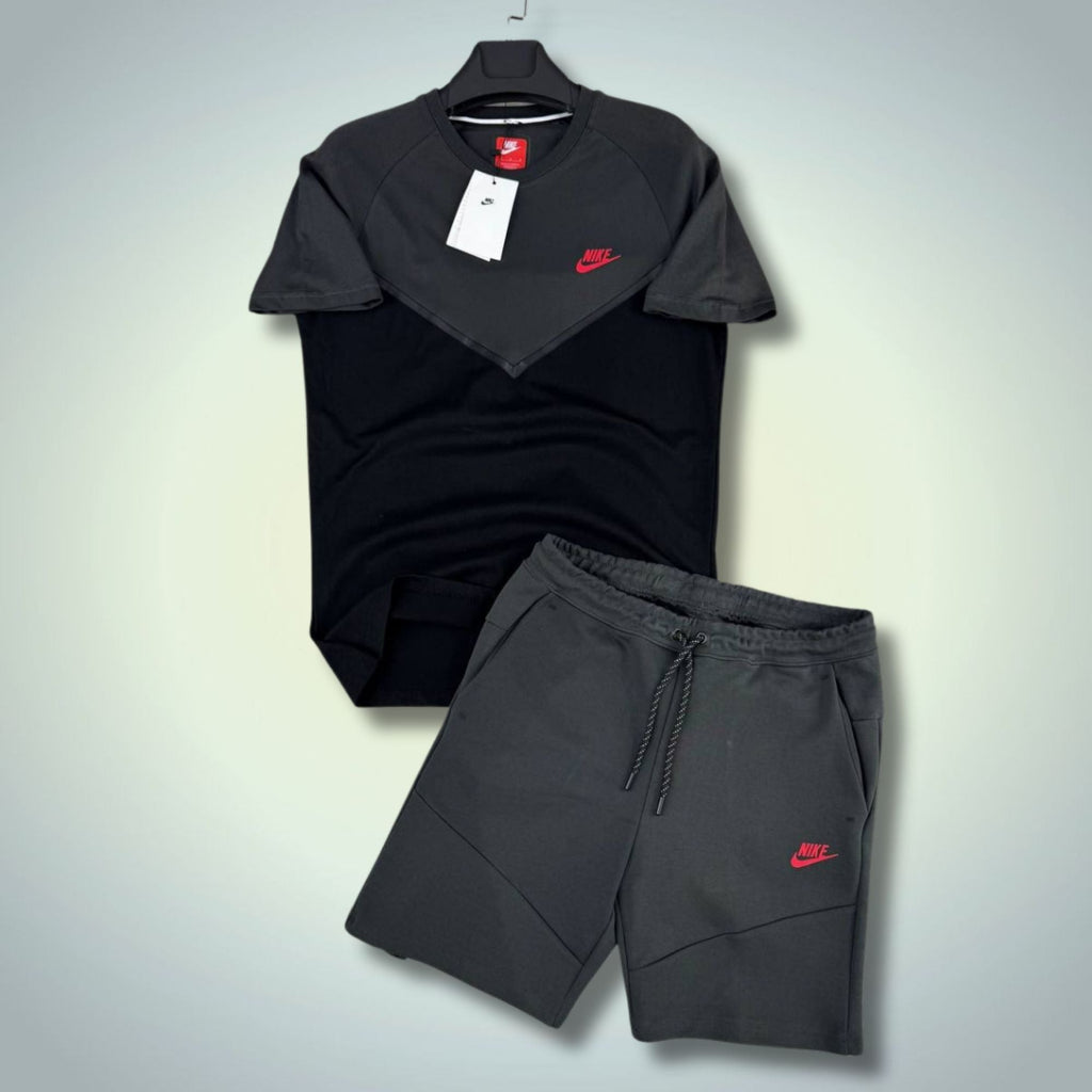 Nike Tech Fleece set sport scurt pentru bărbați, gri grafit-negru, logo roșu. Premium calitate
