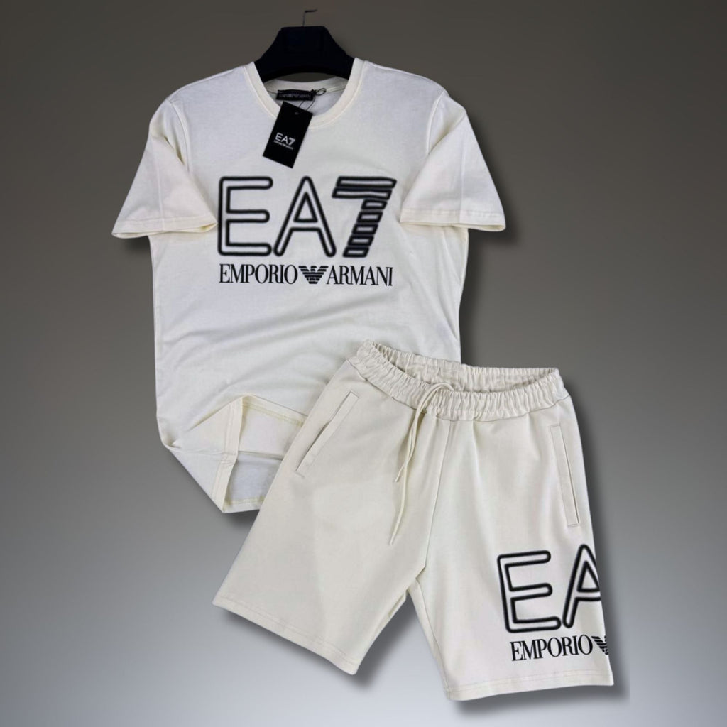 EA7 set sport bărbătesc scurt, alb murdar. Calitate premium