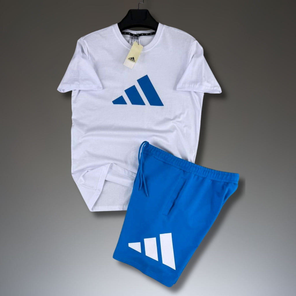 Adidas set sport bărbătesc scurt, alb-albastru. Calitate premium