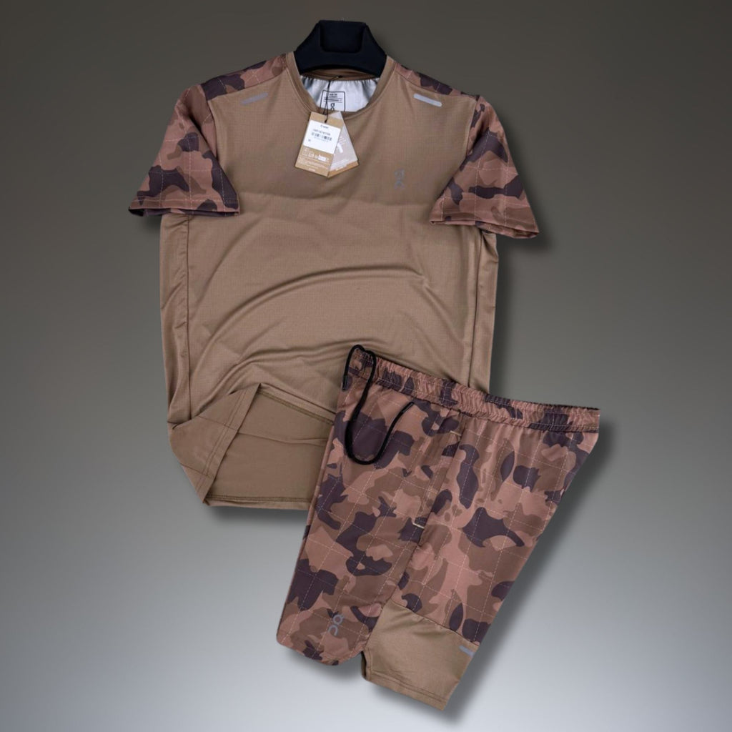 ON set sport bărbătesc scurt, model camuflaj, maro. Calitate premium