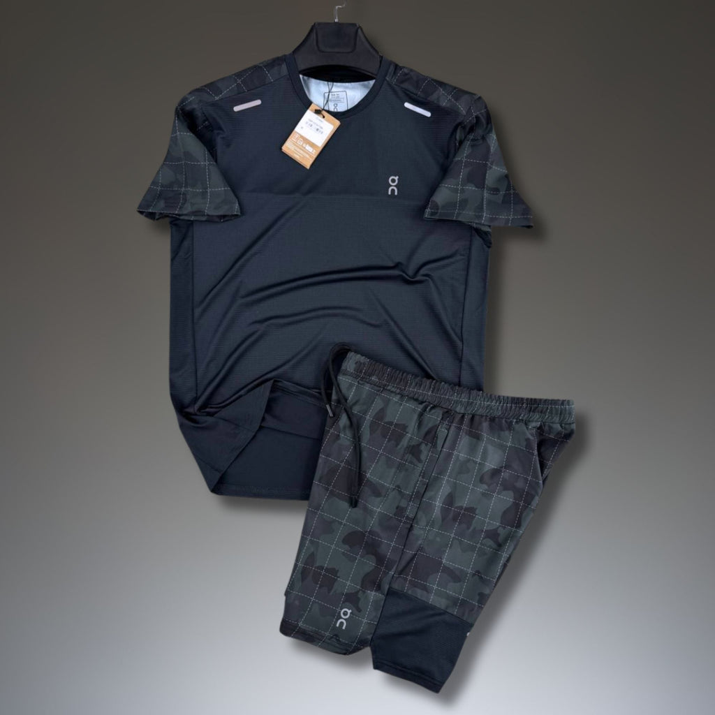 ON set sport bărbătesc scurt, model camuflaj, gri antracit. Calitate premium