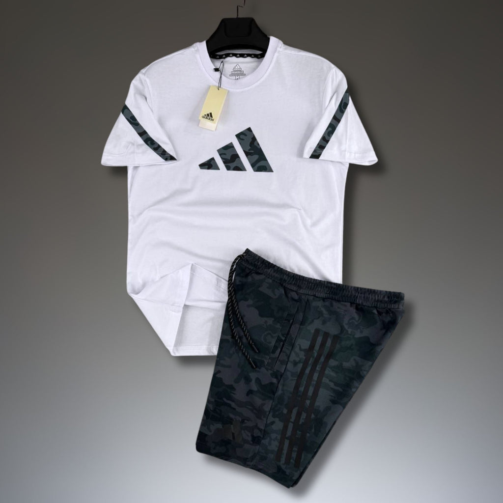 Adidas Z.N.E. set sport bărbătesc scurt, model camuflaj, alb-gri. Calitate premium