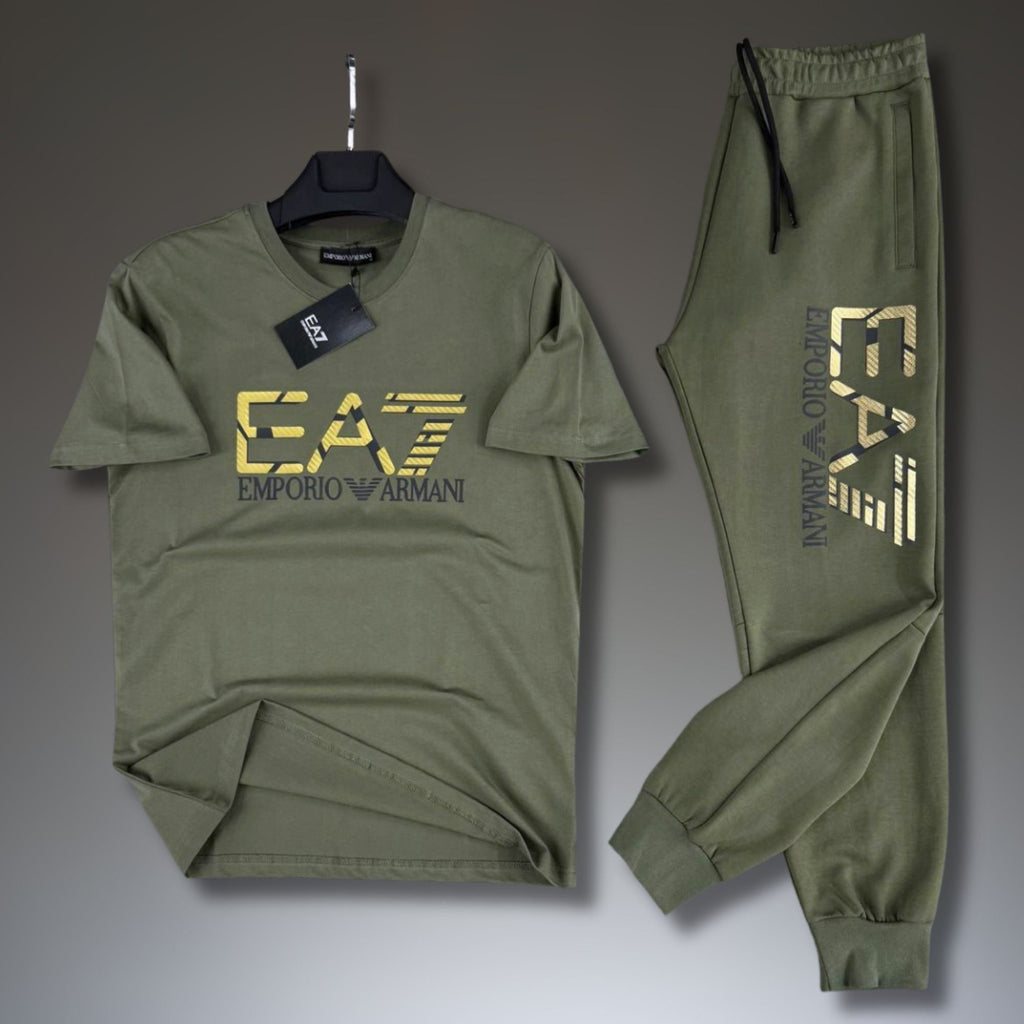 EA7 set sport bărbătesc de vară, verde măsliniu. Calitate premium