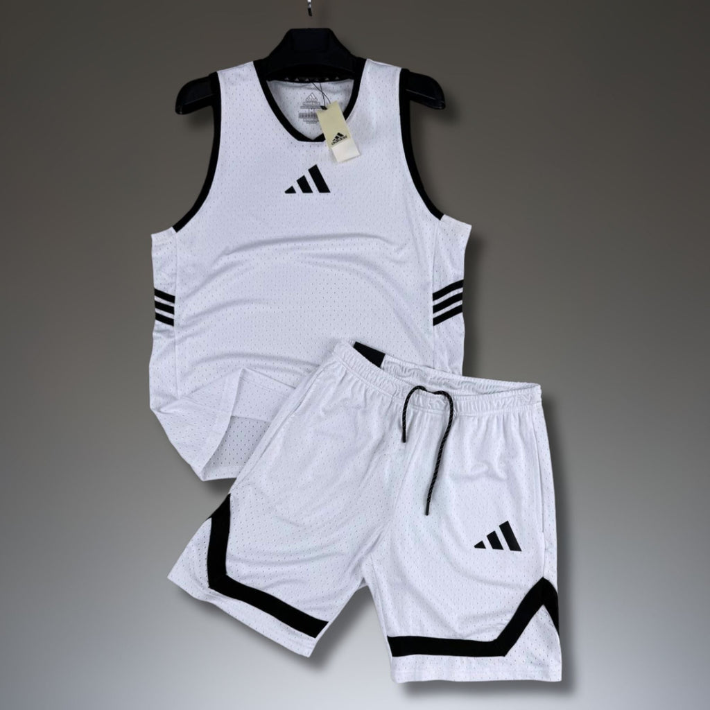Adidas set sport bărbătesc scurt cu maiou, alb. Dri-Fit. Calitate premium