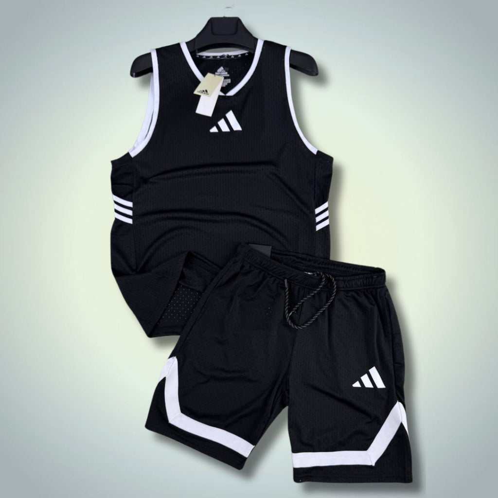 Adidas set sport bărbătesc scurt cu maiou, negru. Dri-Fit. Calitate premium