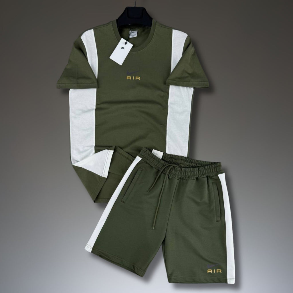 Nike Air set sport bărbătesc scurt, verde măsliniu-alb. Calitate premium