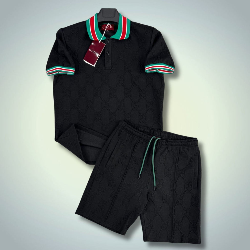 Gucci set sport bărbătesc scurt, cu polo, negru. Calitate premium