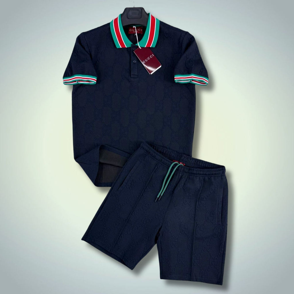 Gucci set sport bărbătesc scurt, cu polo, albastru închis. Calitate premium
