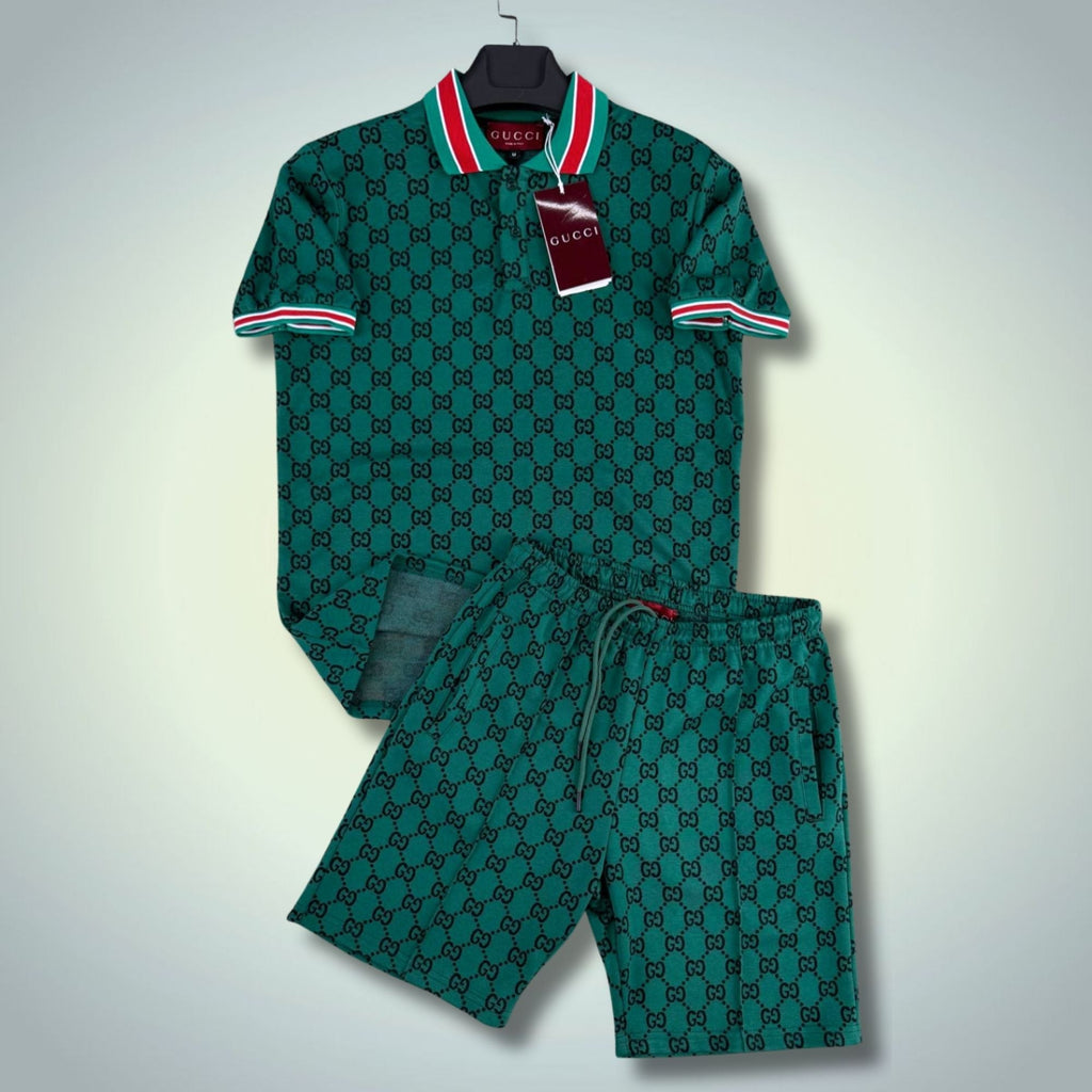 Gucci set sport bărbătesc scurt, cu polo, logo-uri mici, verde. Calitate premium