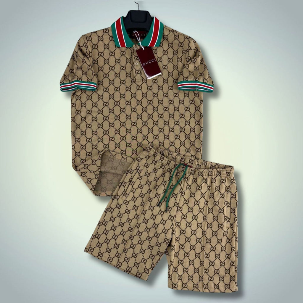 Gucci set sport bărbătesc scurt, cu polo, logo-uri mici, bej. Calitate premium