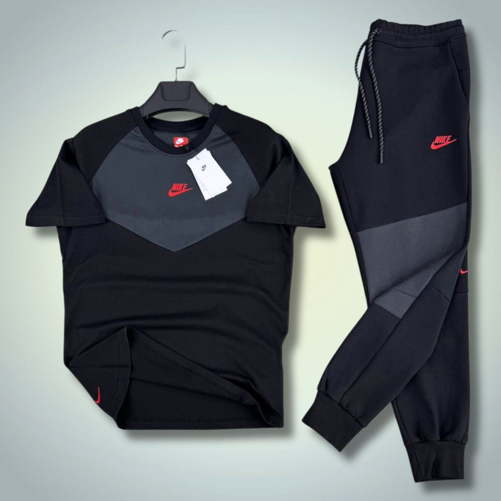 Nike Tech Fleece set sport bărbătesc de vară, negru-gri, logo roșu. 2026. Calitate premium