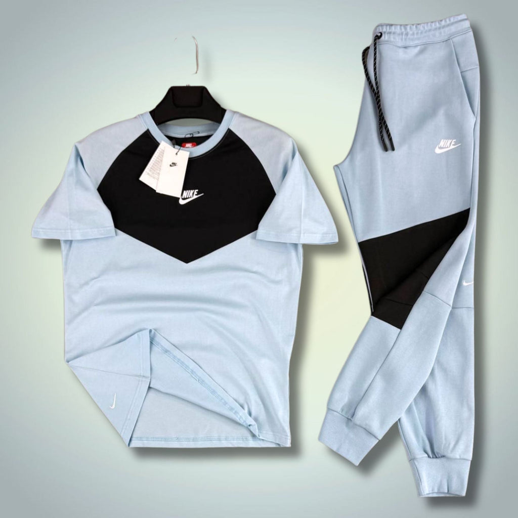 Nike Tech Fleece set sport bărbătesc de vară, albastru deschis-negru. 2026. Calitate premium