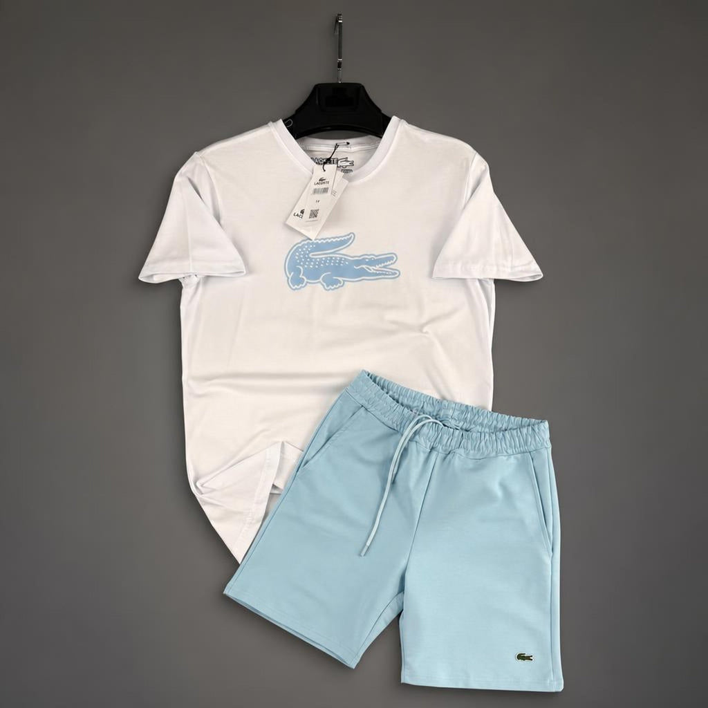 Lacoste Big Logo set sport scurt pentru bărbați, alb-albastru deschis. Premium calitate