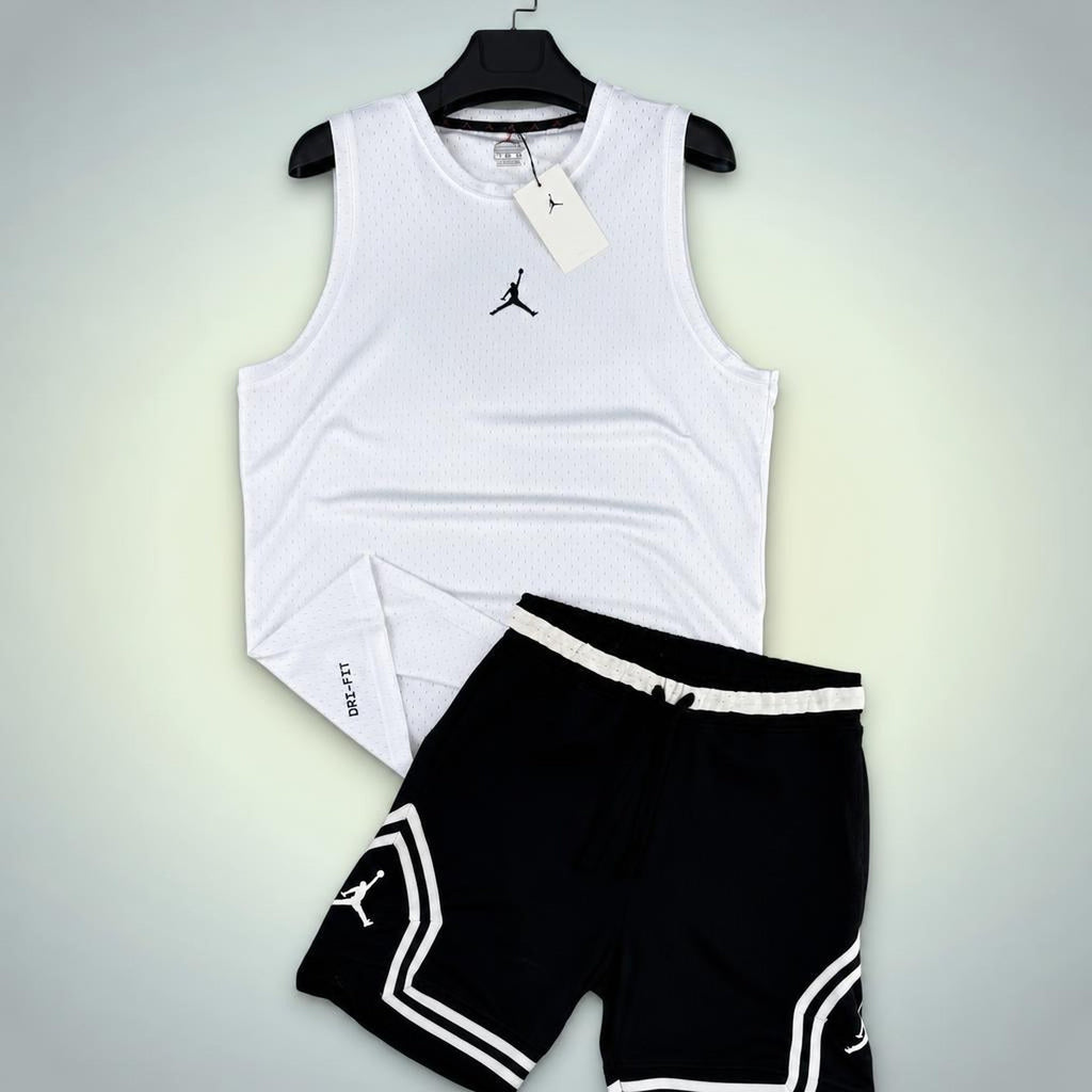 Jordan set sport bărbătesc scurt cu maiou, Alb-Negru. Dri-Fit. Calitate premium