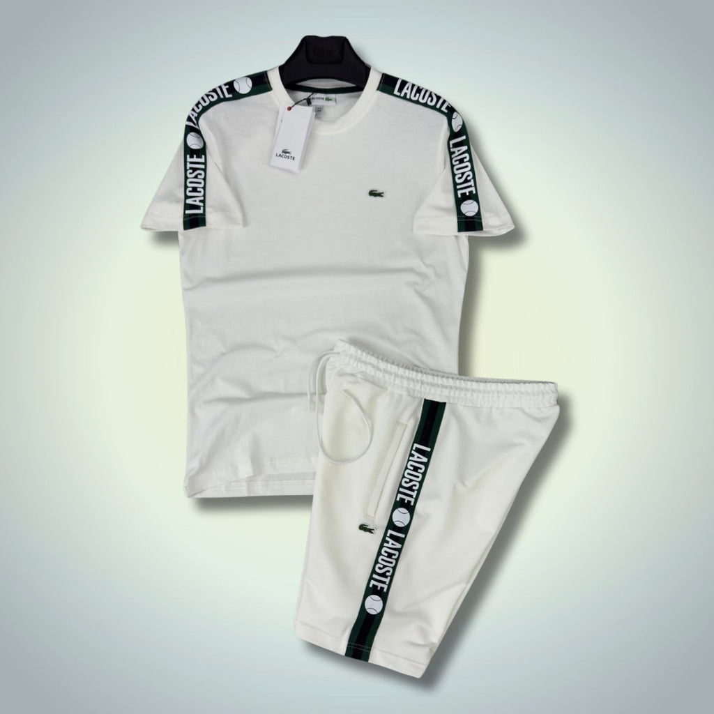 Set cu pantaloni scurți pentru bărbați Lacoste, dungă logo, alb. Calitate premium