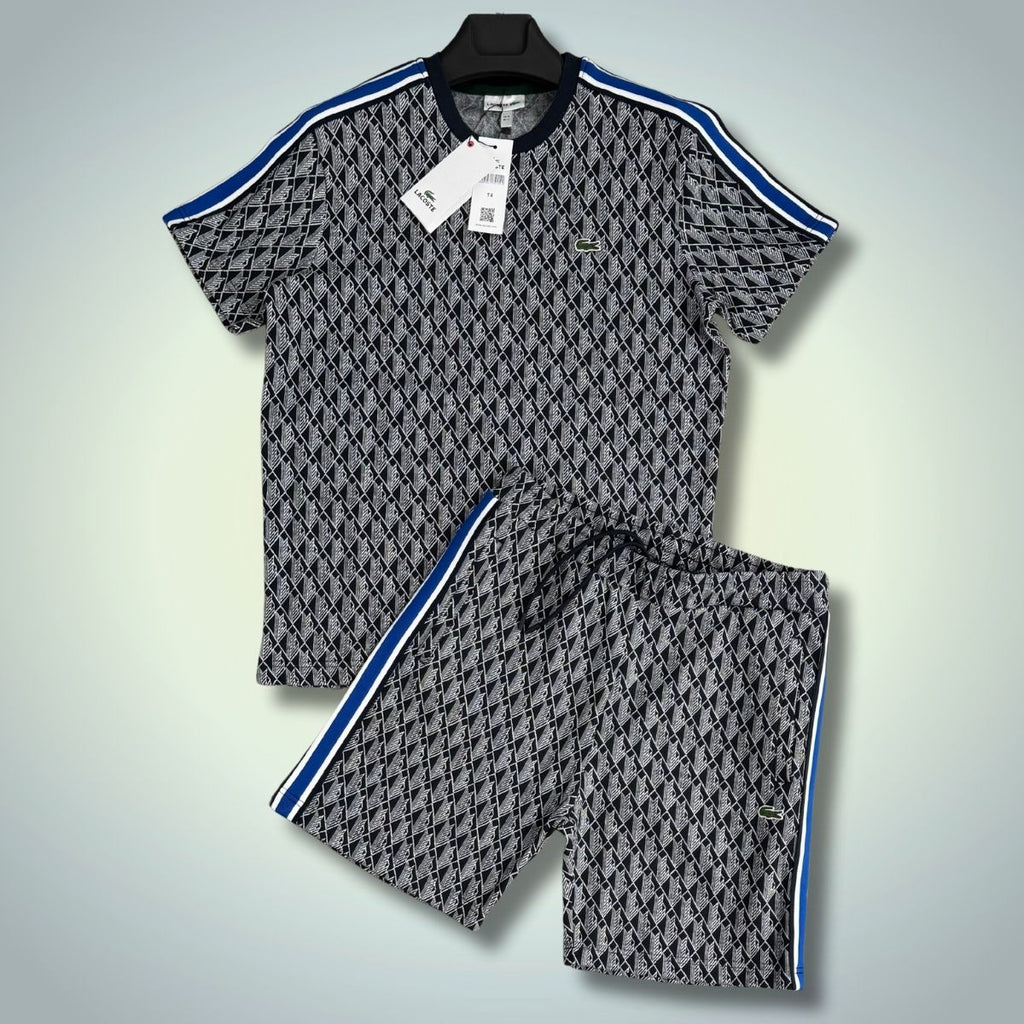 Set cu pantaloni scurți pentru bărbați Lacoste, Jacquard, alb-negru, dungă albastră. Calitate premium