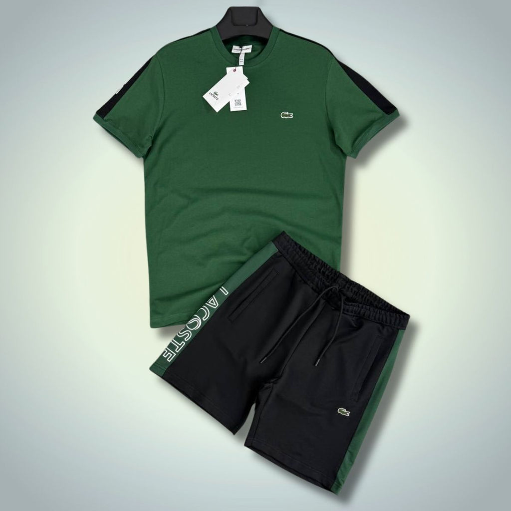 Set cu pantaloni scurți pentru bărbați Lacoste, dungă logo, verde - negru. Model 2025. Calitate premium