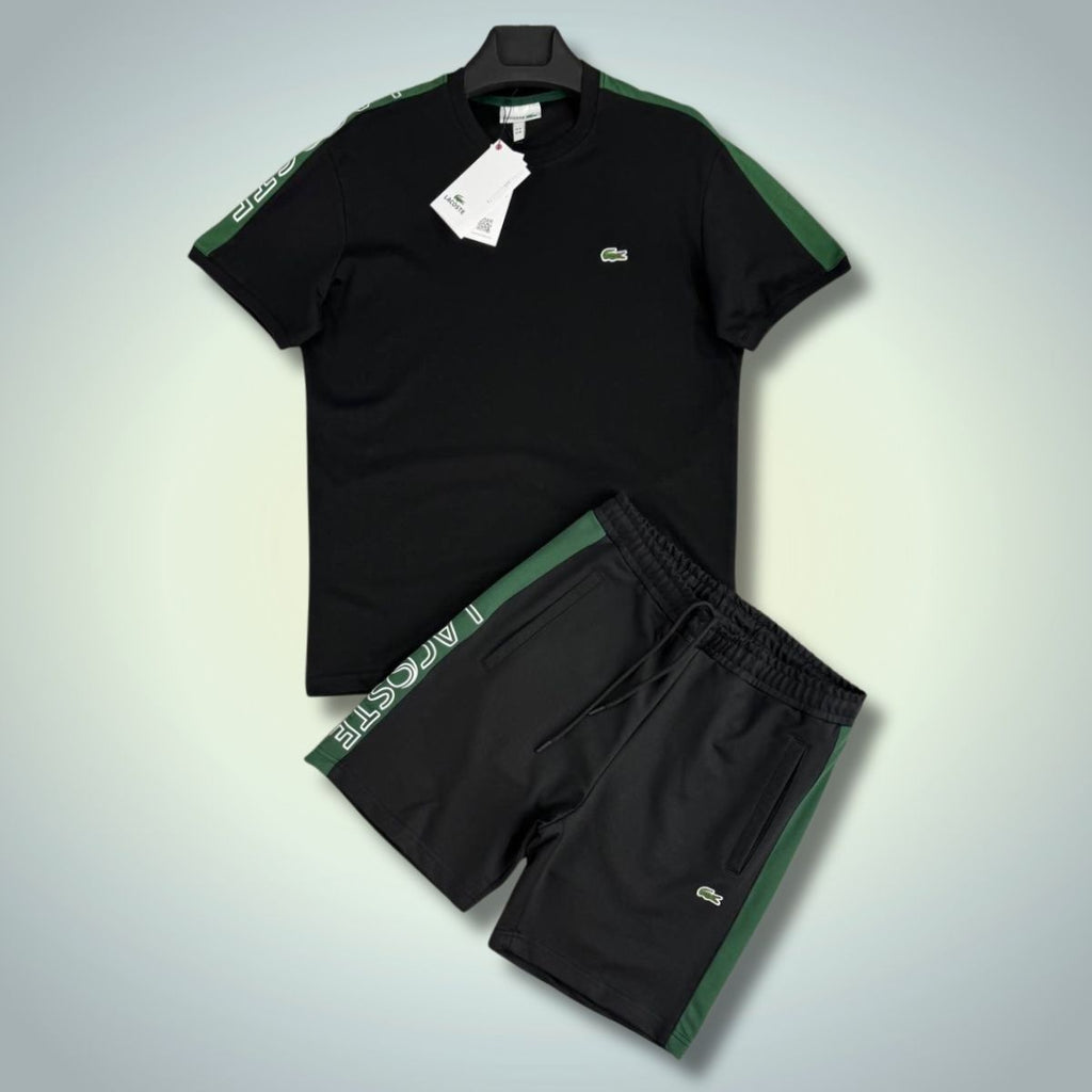 Set cu pantaloni scurți pentru bărbați Lacoste, dungă logo, negru. Model 2025. Calitate premium