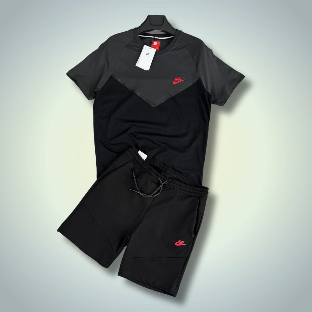 Set cu pantaloni scurți pentru bărbați Nike Tech Fleece, negru - grafit, logo roșu. Calitate premium