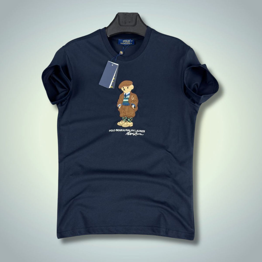 Tricou Ralph Lauren albastru închis pentru bărbați, cu urs brodat. Calitate premium