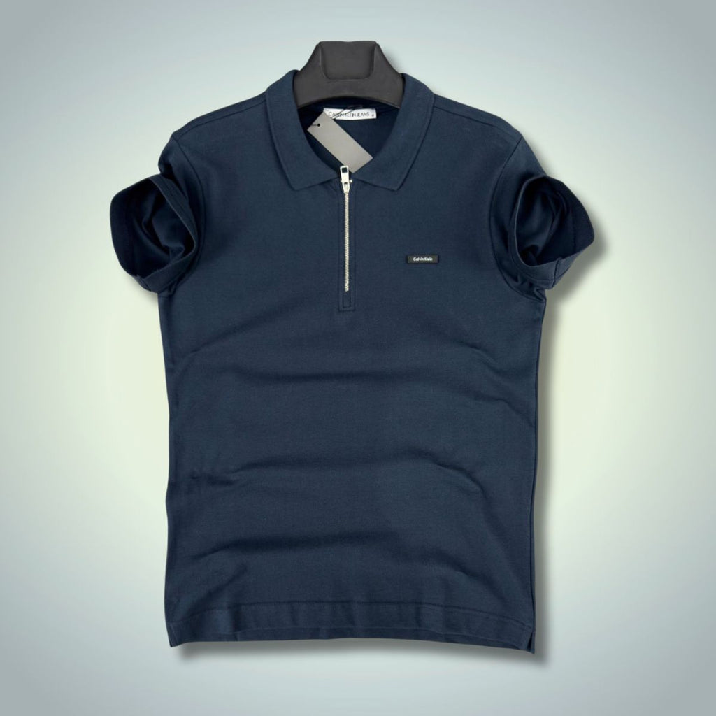 Tricou polo Calvin Klein cu fermoar, albastru marin, pentru bărbați. Calitate premium