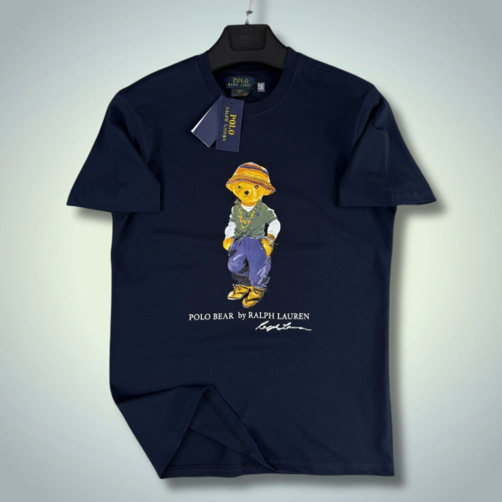 Tricou albastru închis pentru bărbați Ralph Lauren, imprimeu ursuleț. Premium calitate