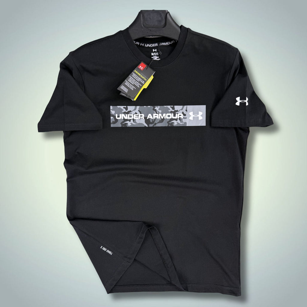 Tricou bărbătesc negru Under Armour, logo camuflaj. Calitate premium
