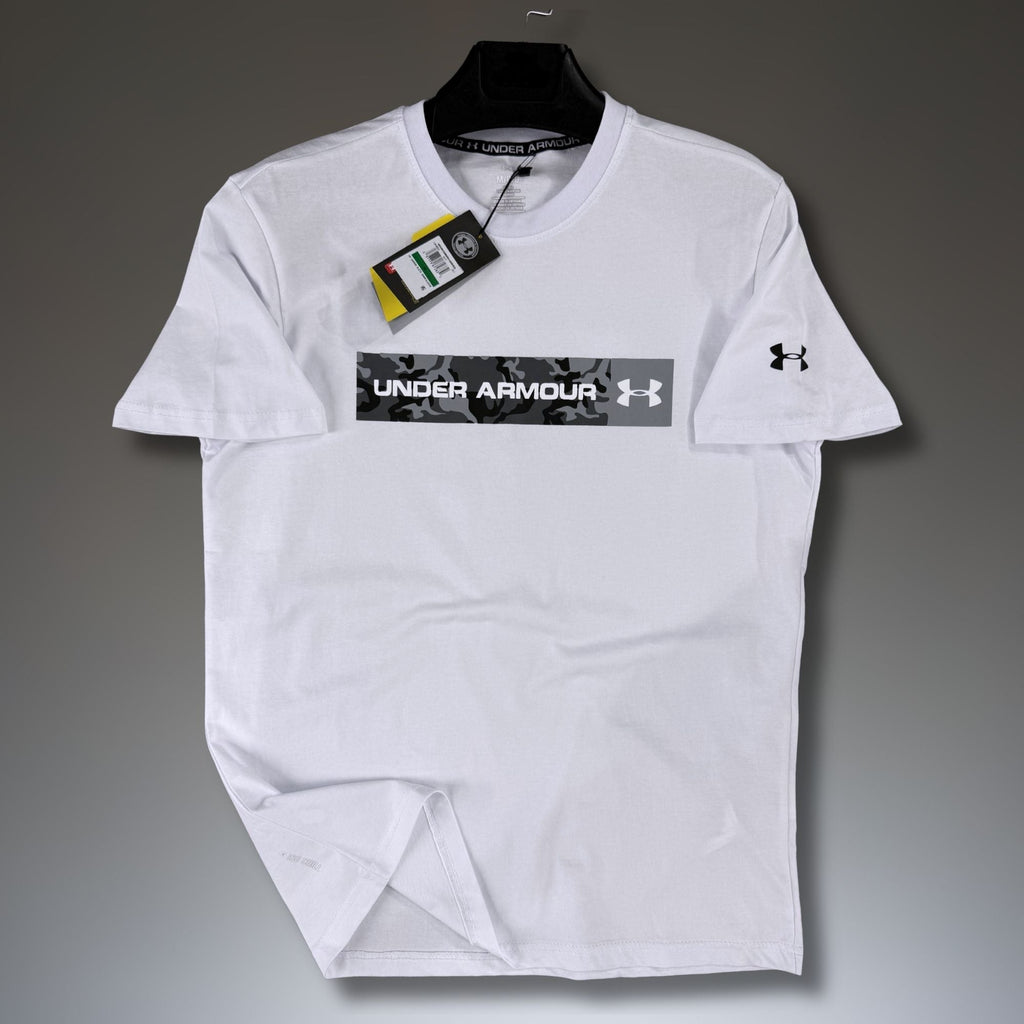 Tricou bărbătesc alb Under Armour, logo camuflaj. Calitate premium