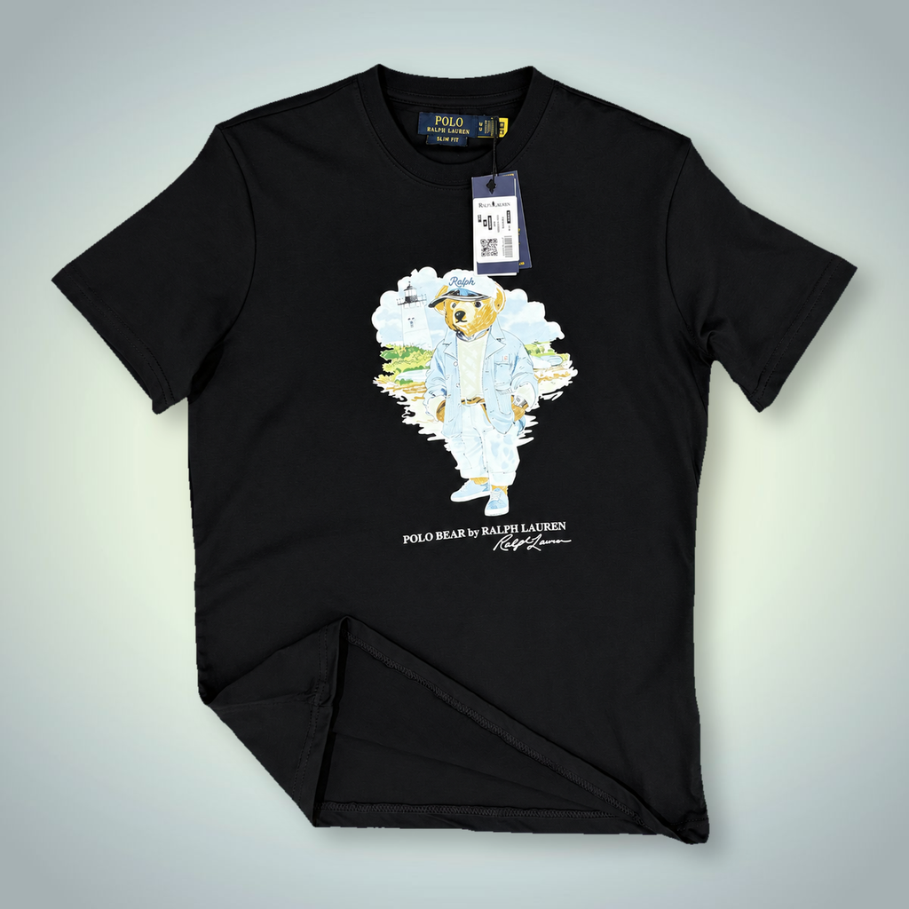 Tricou Ralph Lauren pentru bărbați, imprimeu urs marinar, negru. Calitate premium