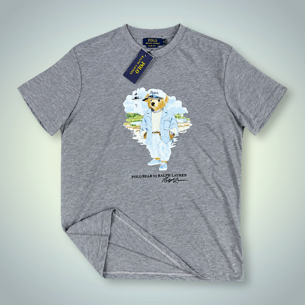 Tricou Ralph Lauren pentru bărbați, imprimeu urs marinar, gri clasic. Calitate premium