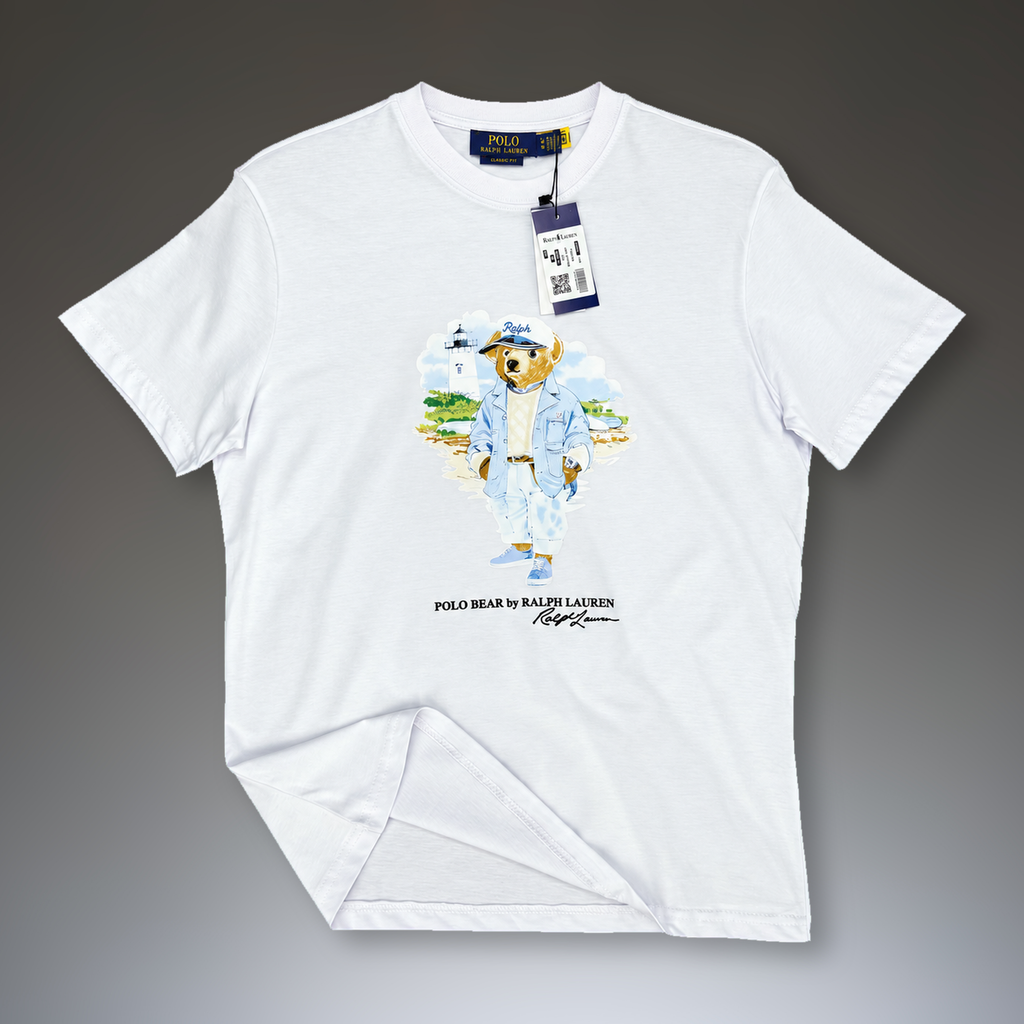 Tricou Ralph Lauren pentru bărbați, imprimeu urs marinar, alb. Calitate premium