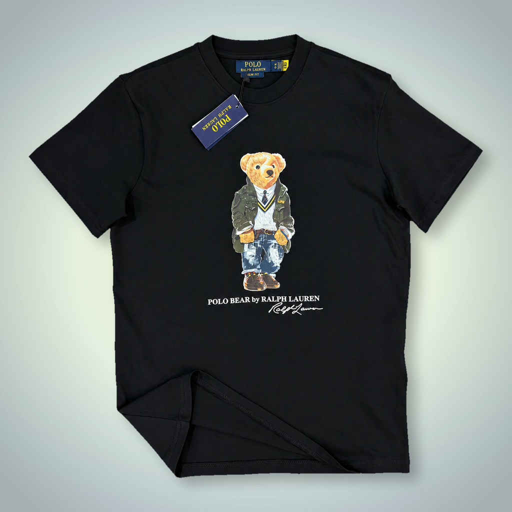 Tricou Ralph Lauren pentru bărbați, imprimeu urs în uniformă, negru. Calitate premium