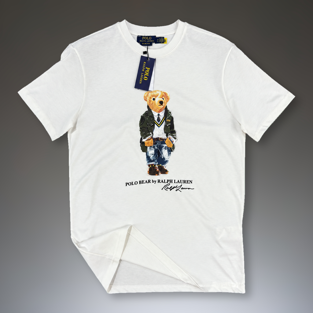 Tricou Ralph Lauren pentru bărbați, imprimeu urs în uniformă, alb. Calitate premium