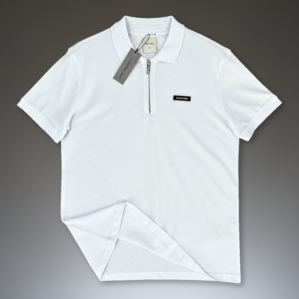 Tricou polo Calvin Klein pentru bărbați cu fermoar, alb. Calitate premium