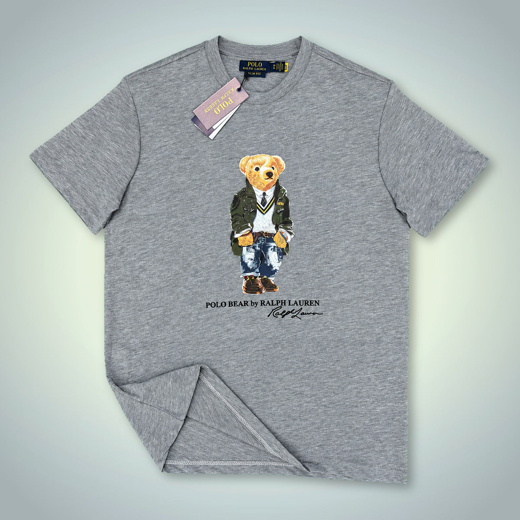 Tricou Ralph Lauren pentru bărbați, imprimeu urs în uniformă, gri clasic. Calitate premium