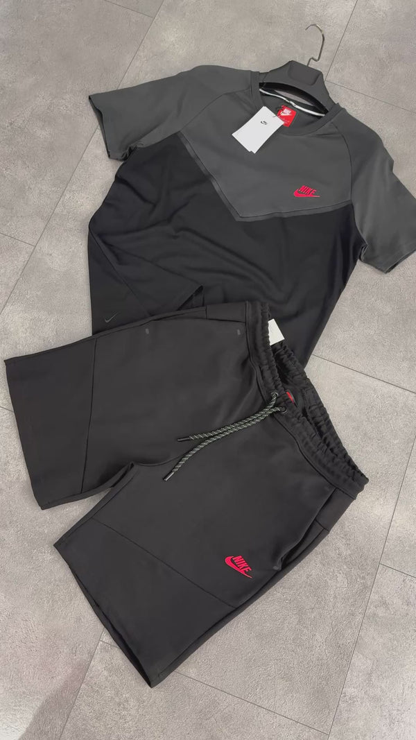 Set cu pantaloni scurți pentru bărbați Nike Tech Fleece, negru - grafit, logo roșu. Calitate premium